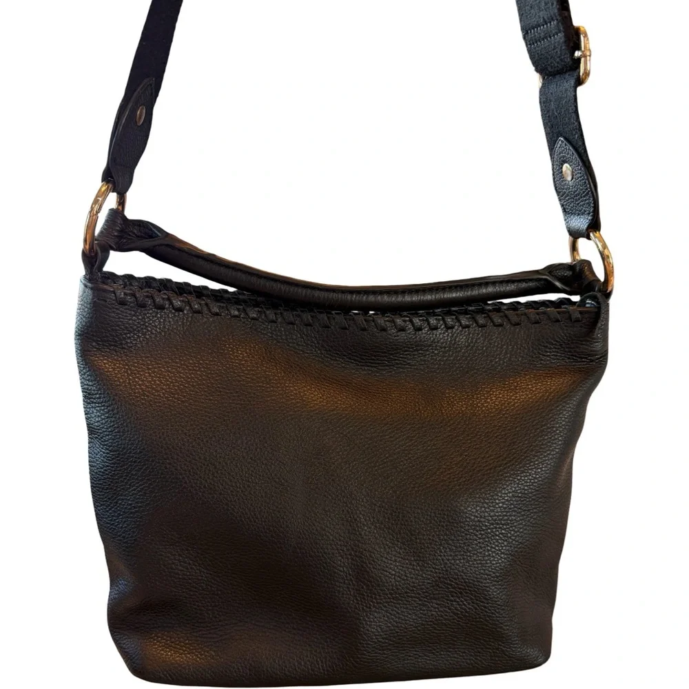 Tommy Bahama Black Pebble Leather Shoulder Bag with Front Zip-Dual Straps - Picture 4 of 6